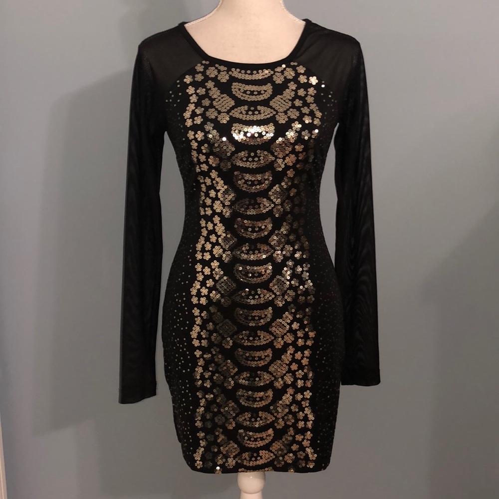 2B Bebe black silver sequin long sleeve mesh dress